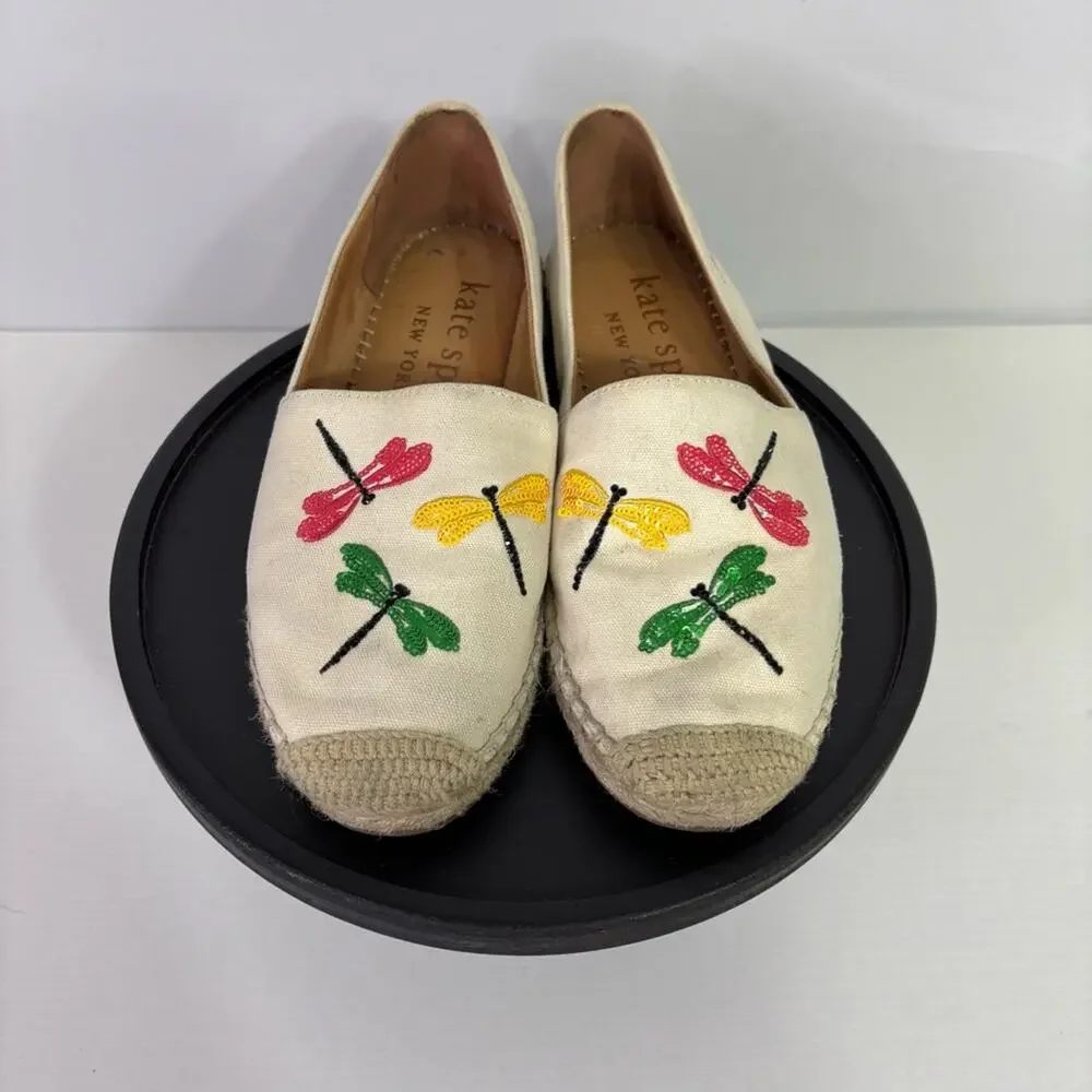 Kate Spade Cream Espadrilles with Firefly Embroidery Size 6